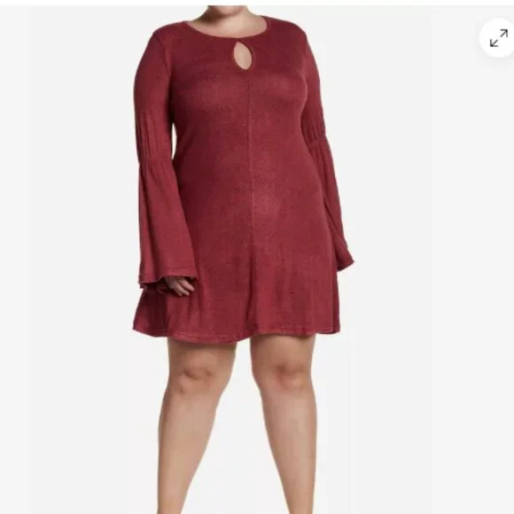 Burgundy Bell Sleeve Knee Length Dress Keyhole Sweater Dress 2xl 3xl - Picture 3 of 12